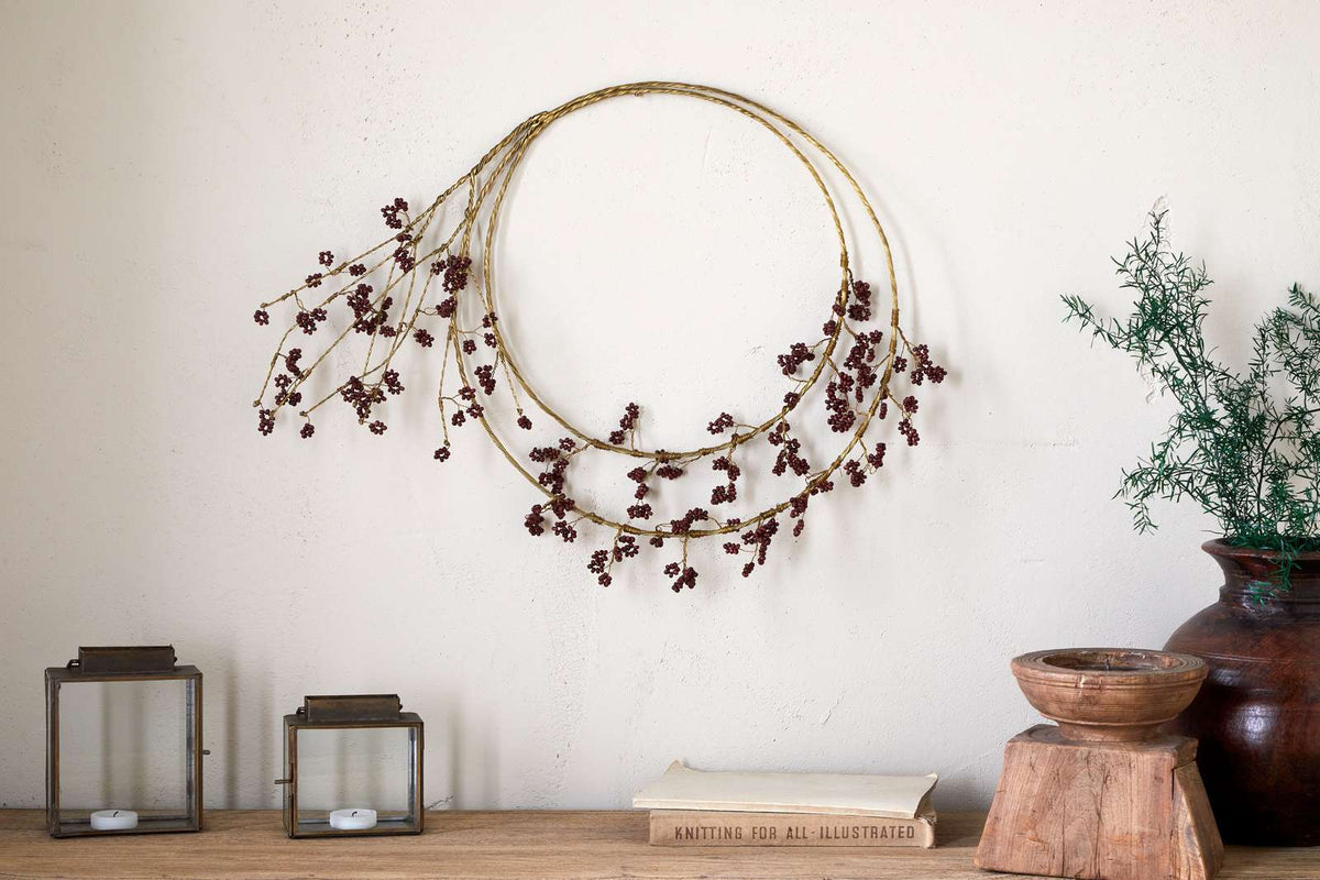 Tanu Layered Mango Wood Beaded Wreath - Brass & Ruby Home Decor