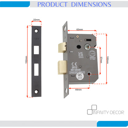 2.5" CE 3 Lever Bathroom Lock FD60 - Matt Black