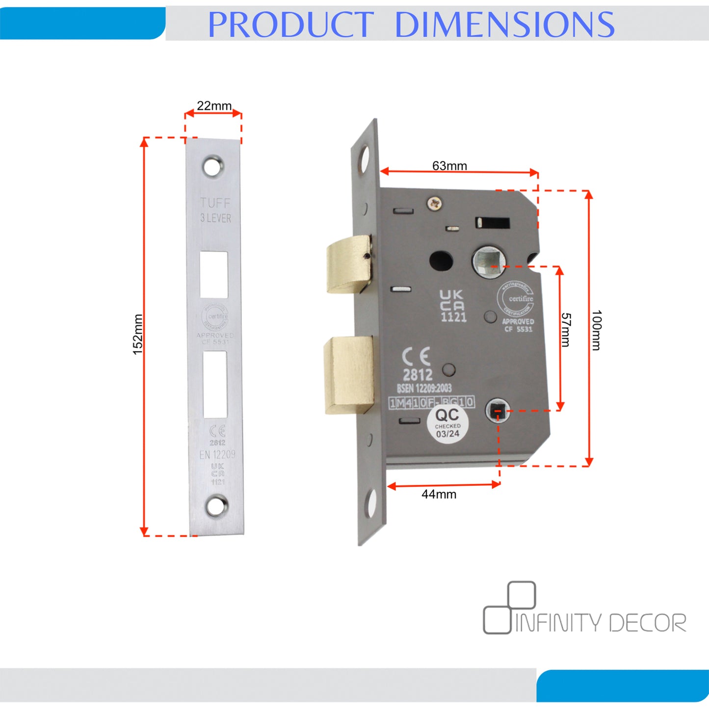 2,5-Zoll-CE-Badezimmerschloss mit 3 Hebeln FD60 – satiniertes Chrom