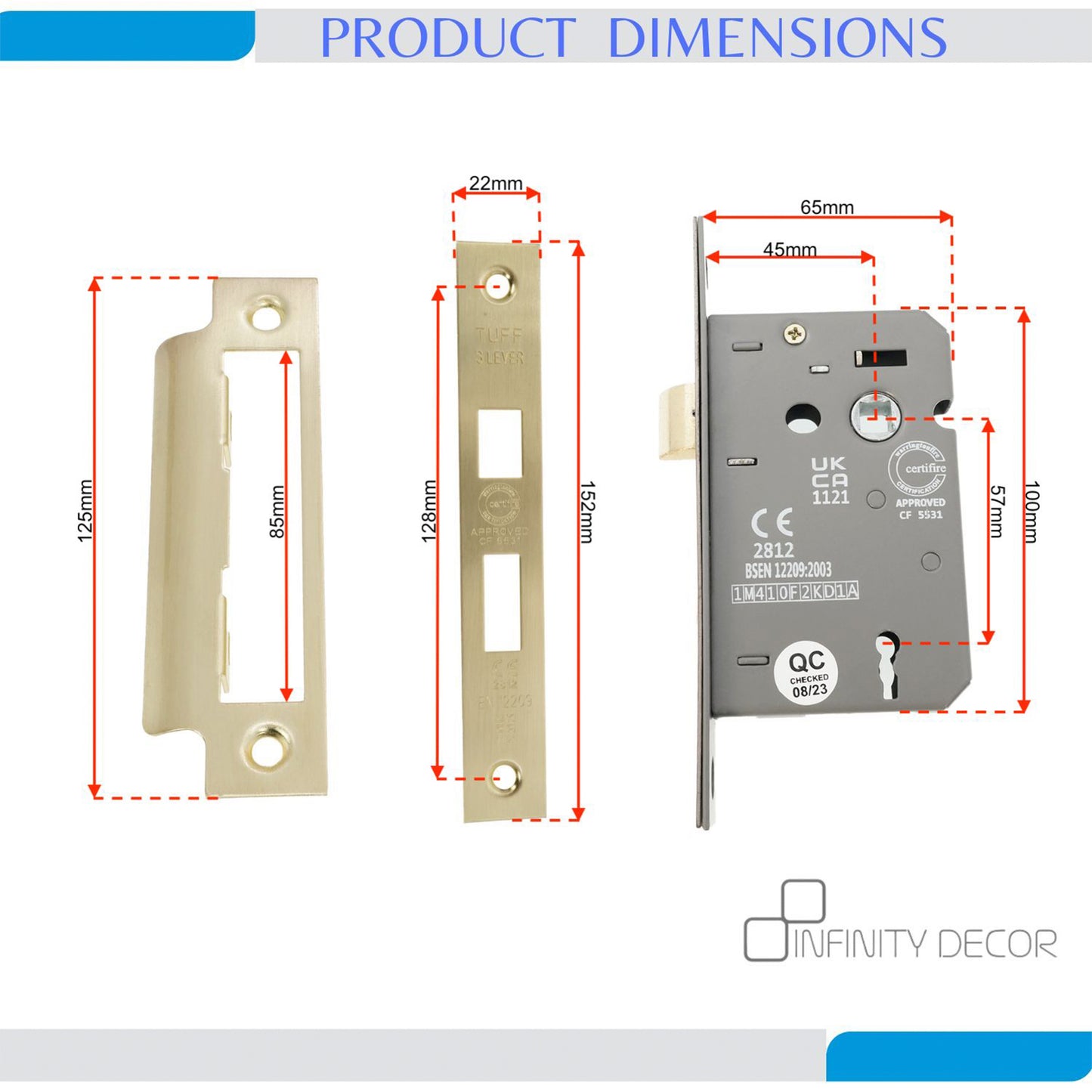 2,5-Zoll-CE-Einsteckschloss mit 3 Hebeln FD60 – satiniertes Messing