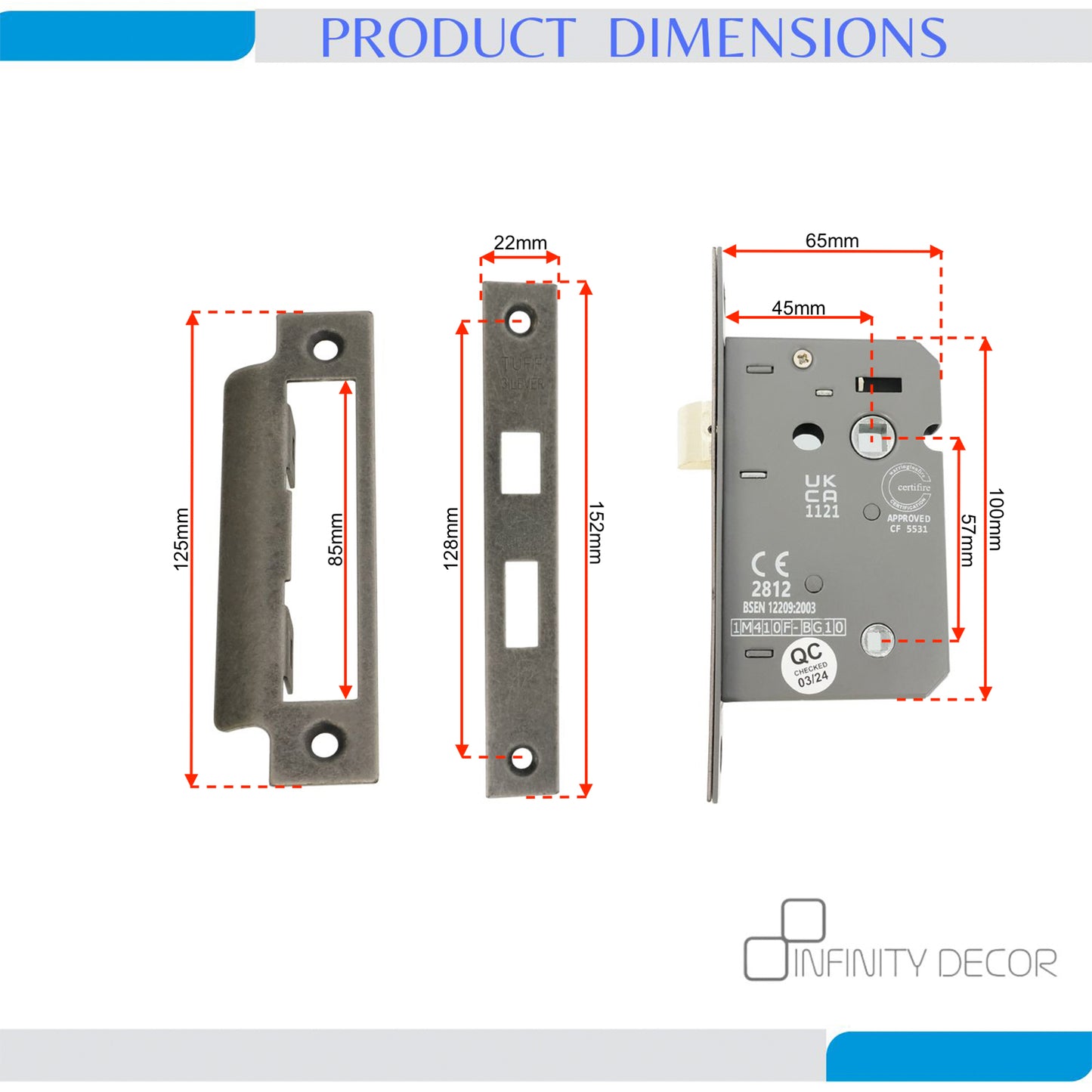 Serrure de salle de bain à 3 leviers CE 2,5" FD60 - Étain