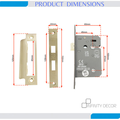 2,5-Zoll-CE-Badezimmerschloss mit 3 Hebeln FD60 – satiniertes Messing