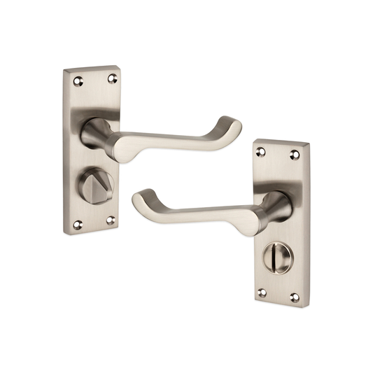 Viktorianischer Türdrücker mit Scroll-Sichtschutz, 115 mm, satiniertes Nickel