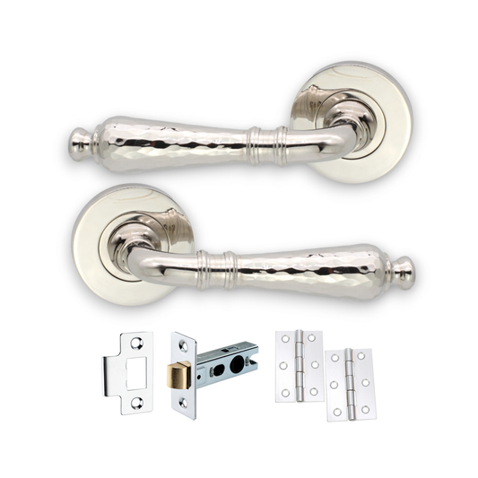 Hammered Hazel Lever on Rose Polished Nickel Latch Pack